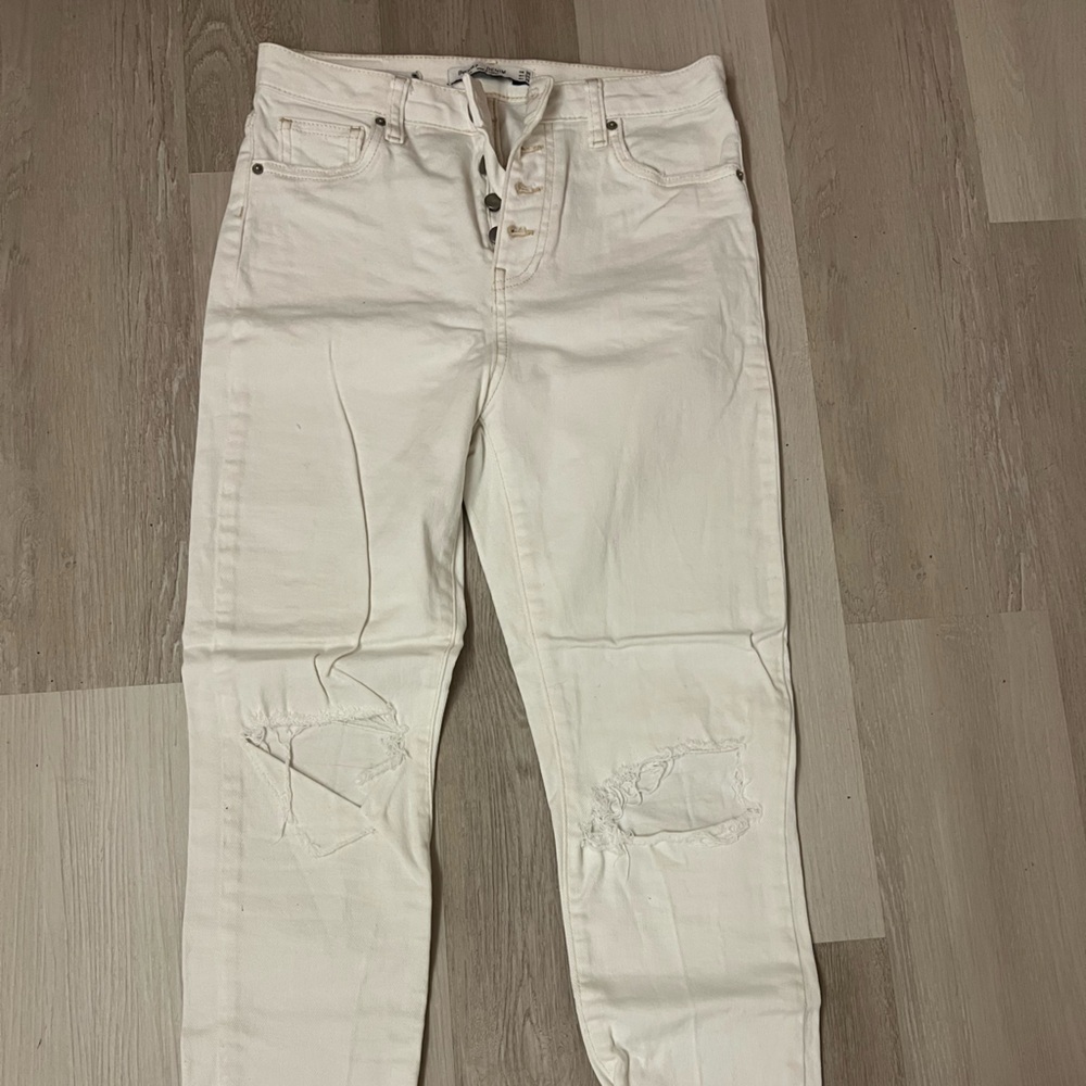 Bershka High Rise Ripped White Skinny Jeans Straight Leg